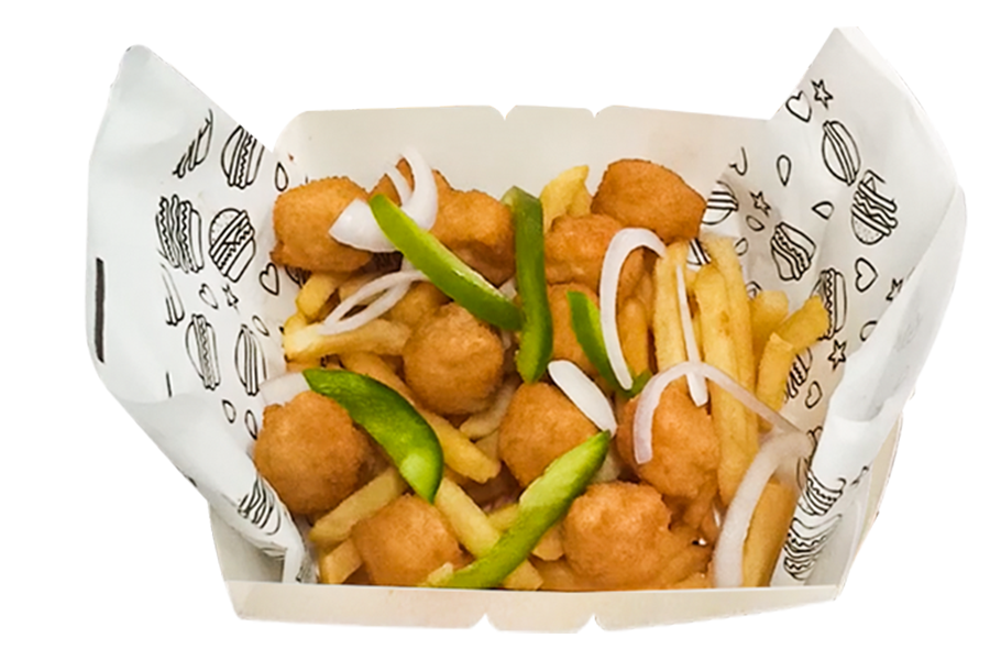 French fries + chicken popcorn + schezwan sauce