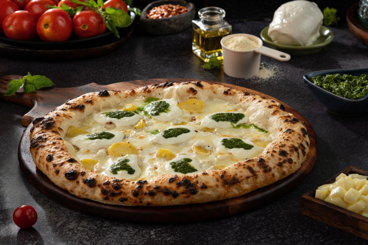 High Protein Sourdough Pesto Potato Pizza