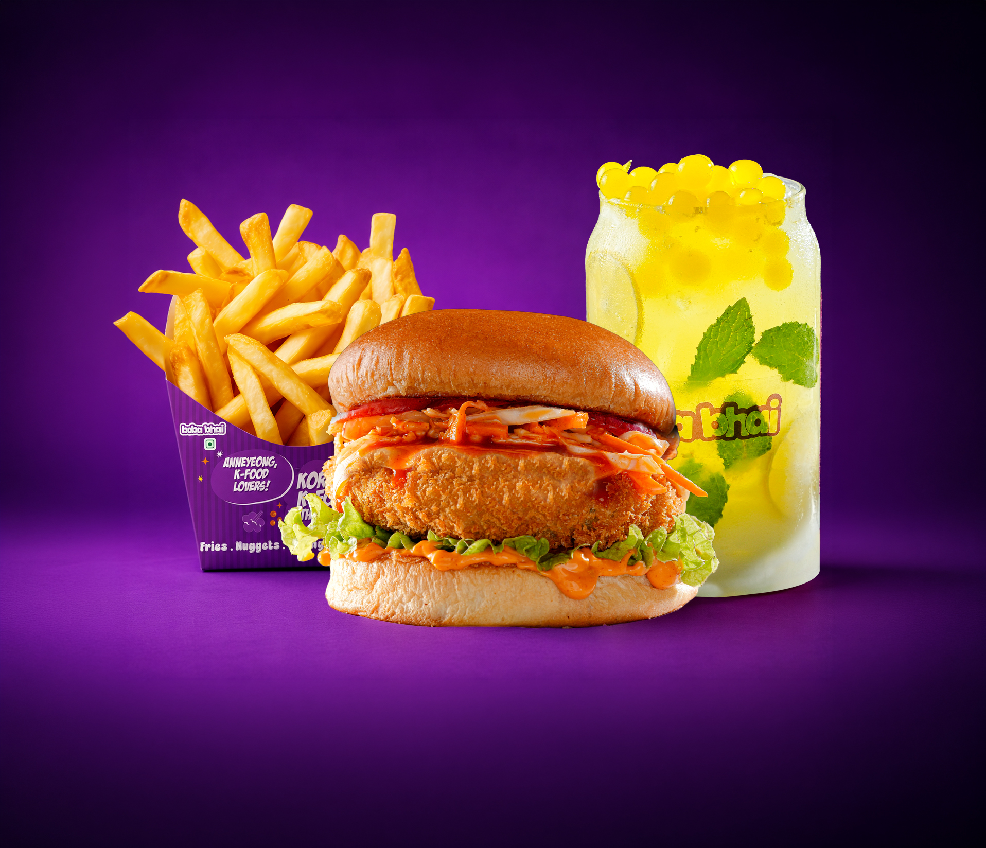 Korean Honey Sriracha Veggie Burger+ Fries+ Mint Mojito