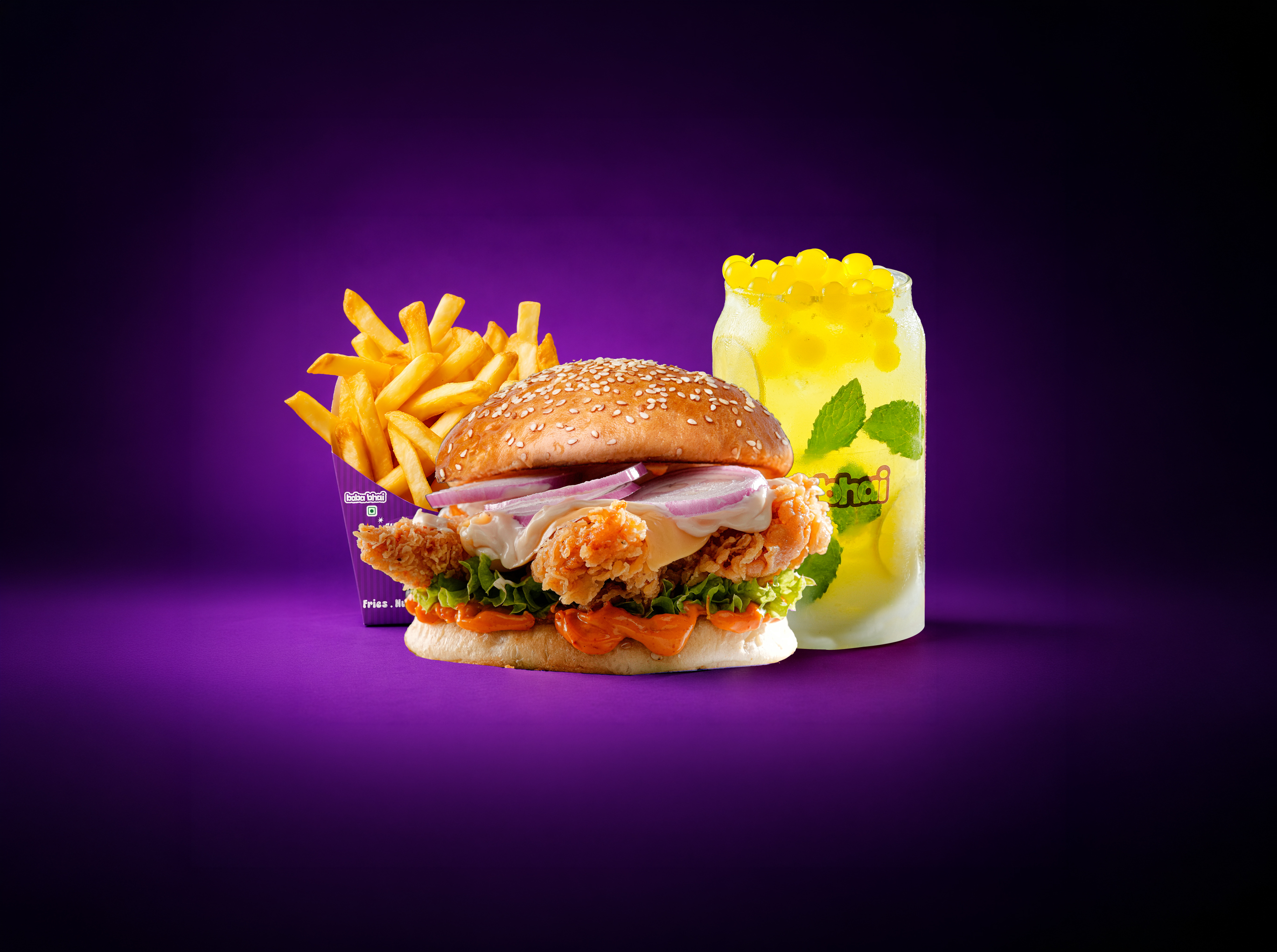 Crispy Fried Chicken Strips Burger+ Fries+ Mint Mojito